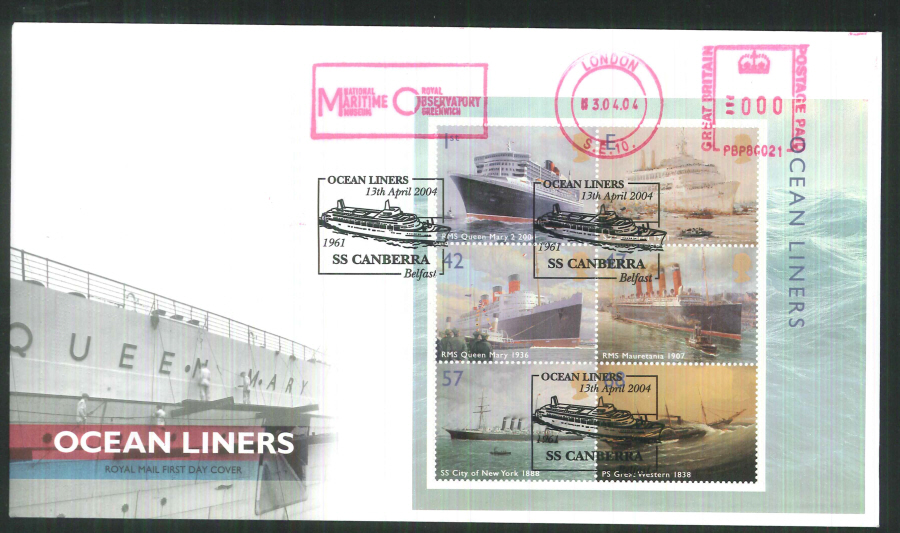 2004 Ocean Liners Mini Sheet F D C Meter Mark National Maritime Museum+ C D S - Click Image to Close