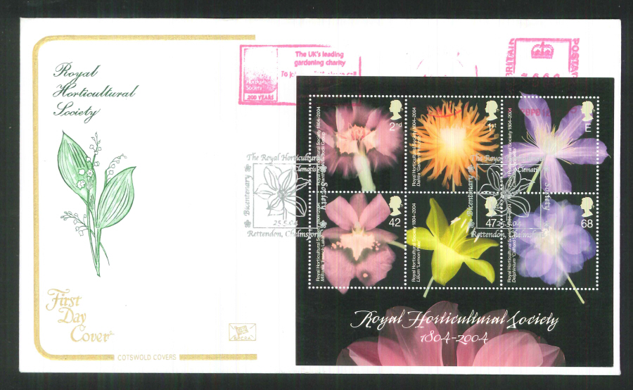 2004 Royal Horticultral Soc Mini Sheet F D C MeterMark R H S + R H S Handstamp - Click Image to Close