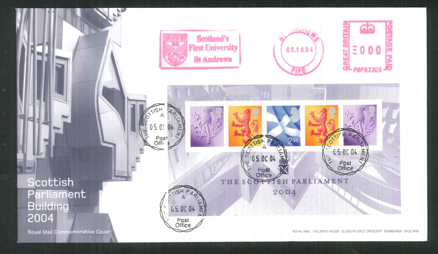 2004 Scottish Parliament Building F D C Meter Mark St Andrews University + C D S - Click Image to Close