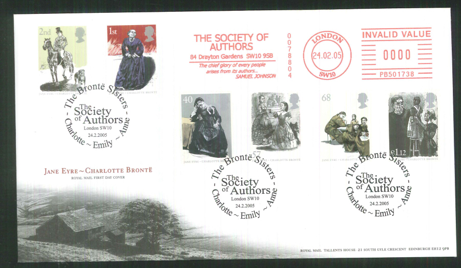 2005 Jane Eyre F D C Meter Mark Society of Authors + Handstamp