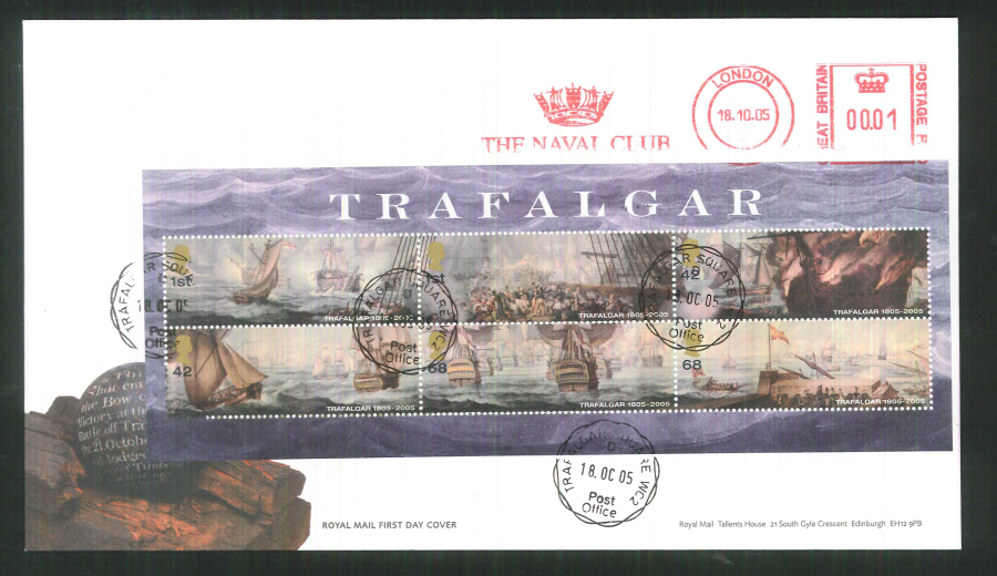 2005 Trafalgar Mini Sheet F D C Meter Mark Naval Club + C D S