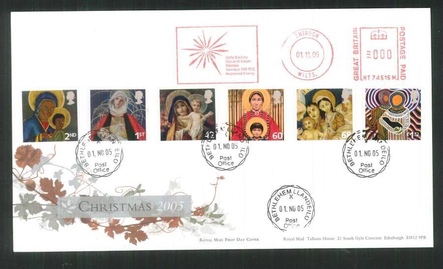 2005 Christmas F D C Meter Mark Bible Society + C D S