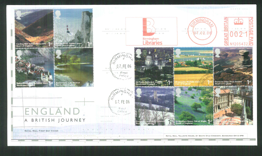 2006 England Journey F D C Meter Mark Birmingham Libraries +C D S