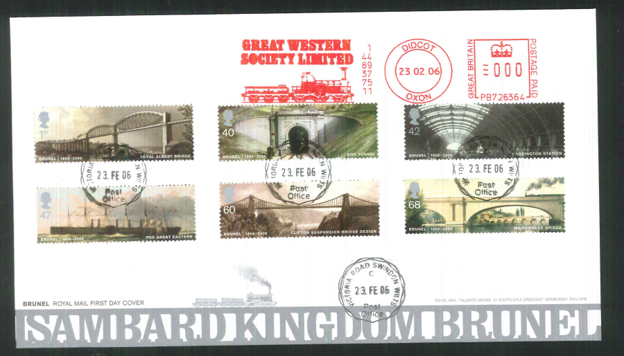 2006 Brunel Set F D C Great Western Society Meter Mark + Victoria Rd C D S - Click Image to Close