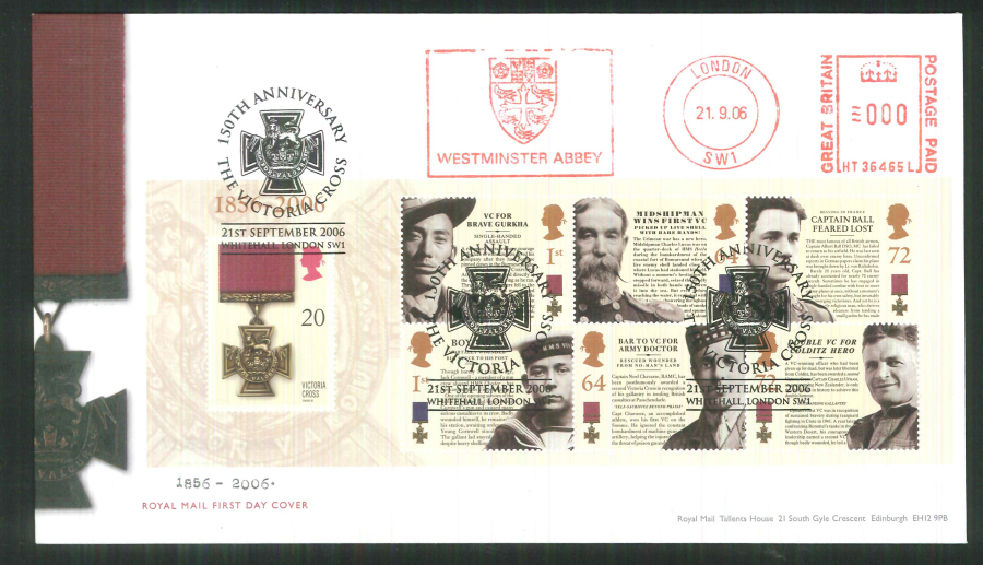 2006 Victoria Cross Mini Sheet F D C Meter Mark Westminster Abbey +Handstamp - Click Image to Close