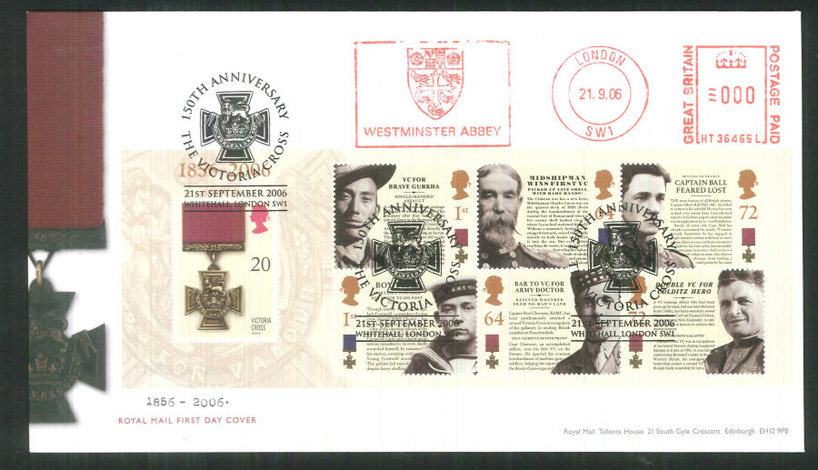 2006 Victoria Cross Mini Sheet F D C Meter Mark Westminster Abbey +Handstamp