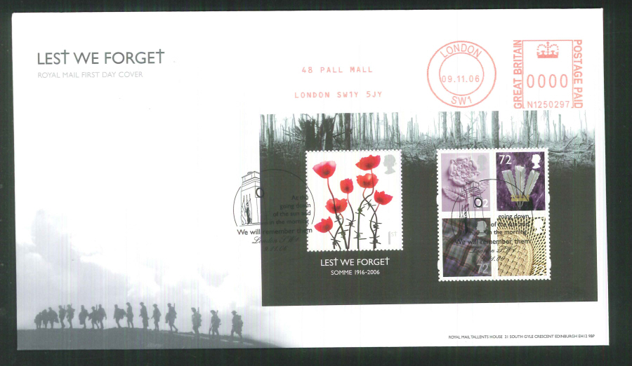 2006 Lest We Forget F D C Pall Mall Meter Mark +London Cenotaph Handstamp - Click Image to Close