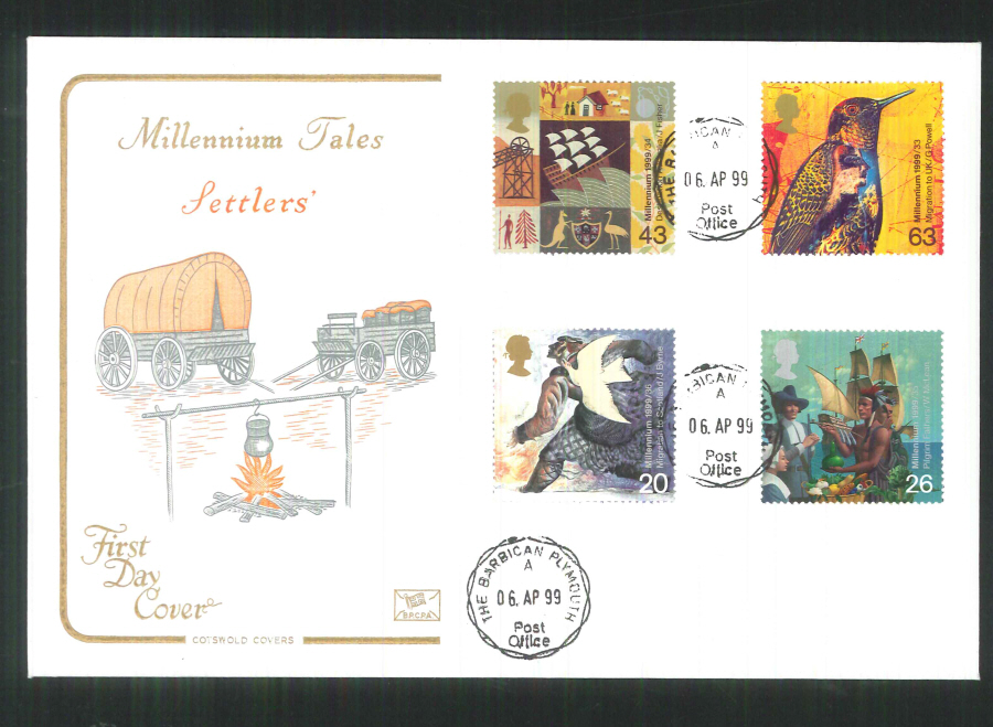 1999 Cotswold Millennium Tales Settlers FDC Barbican Plymouth C D S Postmark - Click Image to Close