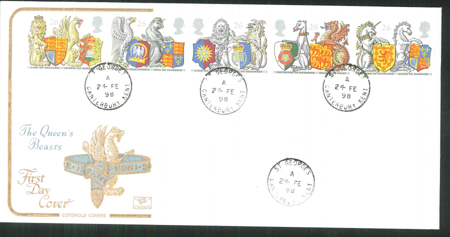 1998 Cotswold Queens Beasts FDC St Georges Canterbury C D S Postmark - Click Image to Close
