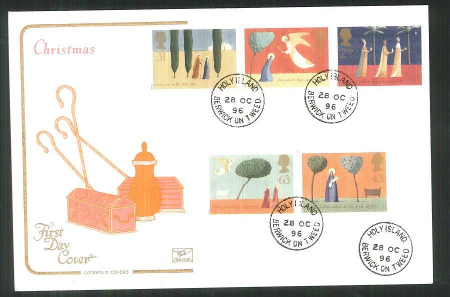1996 Cotswold Christmas FDC Holy Island C D S Postmark