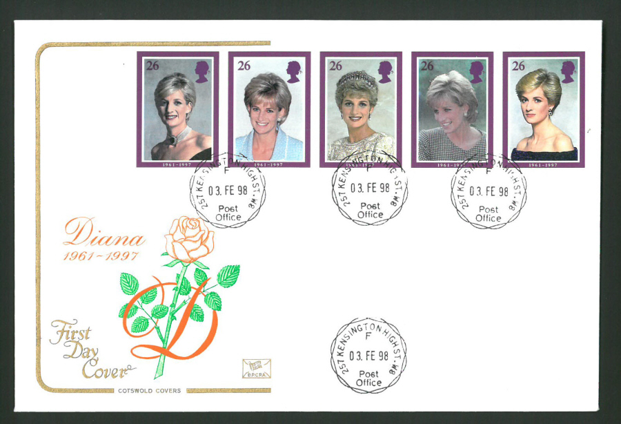1998 Cotswold Diana 1961-1997 FDC 257 Kensington High St C D S Postmark