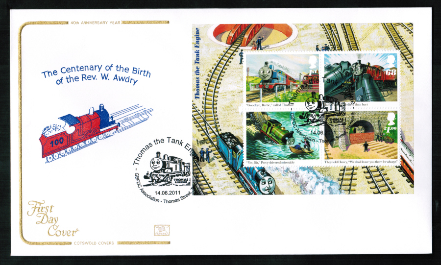 2011 Cotswold Thomas the Tank Mini Sheet FDC Thomas St Tamworth Postmark