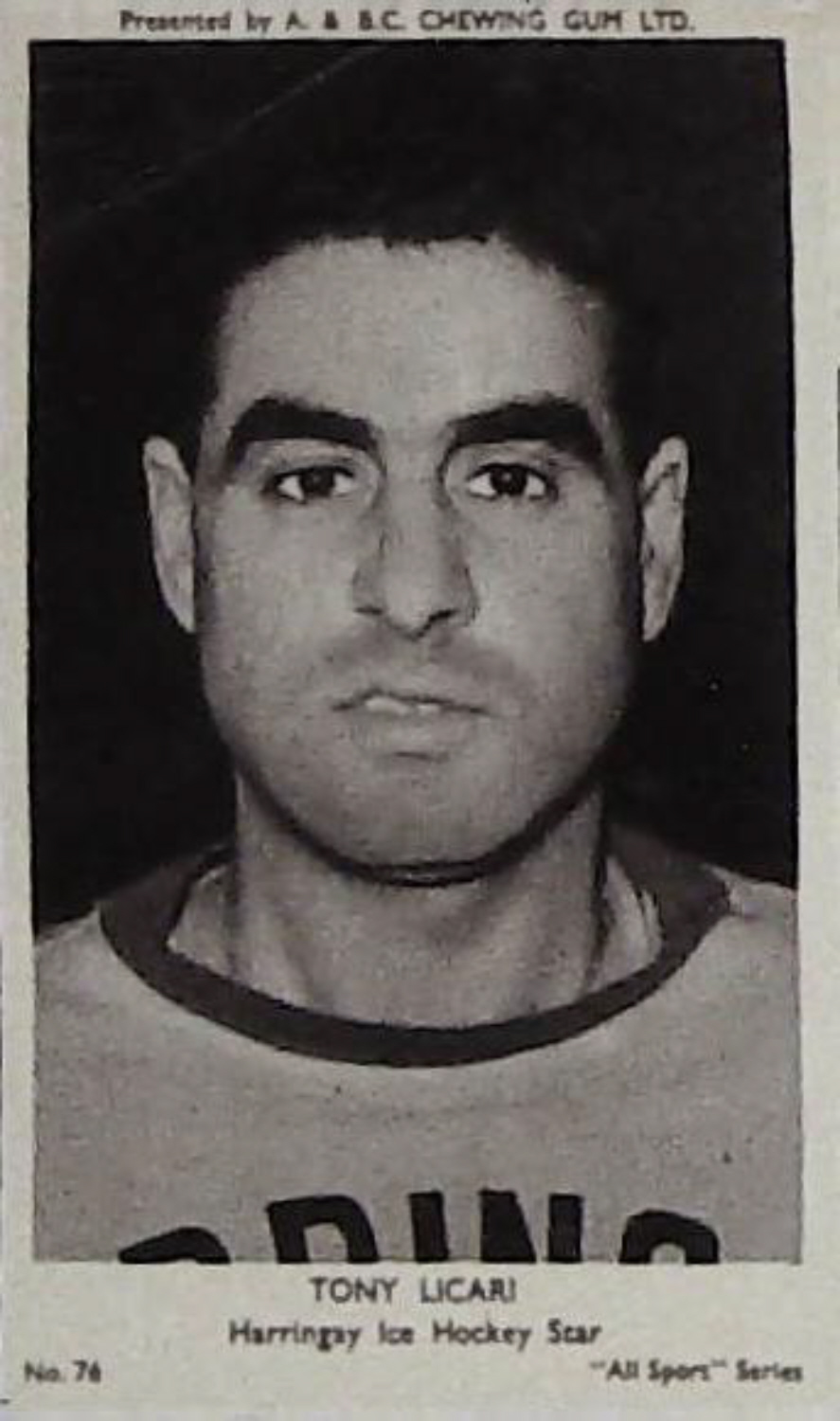 A & B C 1954 All Sports Ice Hockey Tony Licari No 76