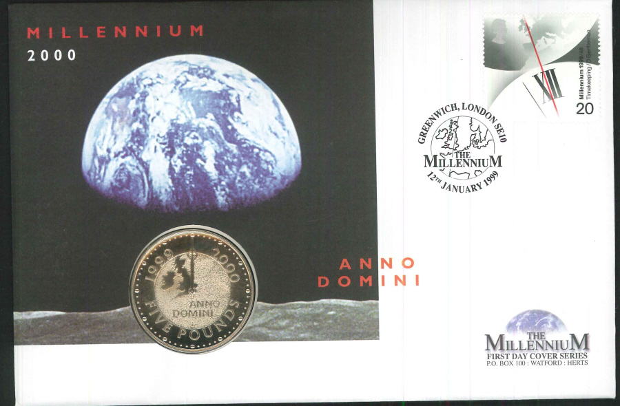 1999 - Millennium Coin Cover - £5 Coin & Greenwich Postmark - Click Image to Close