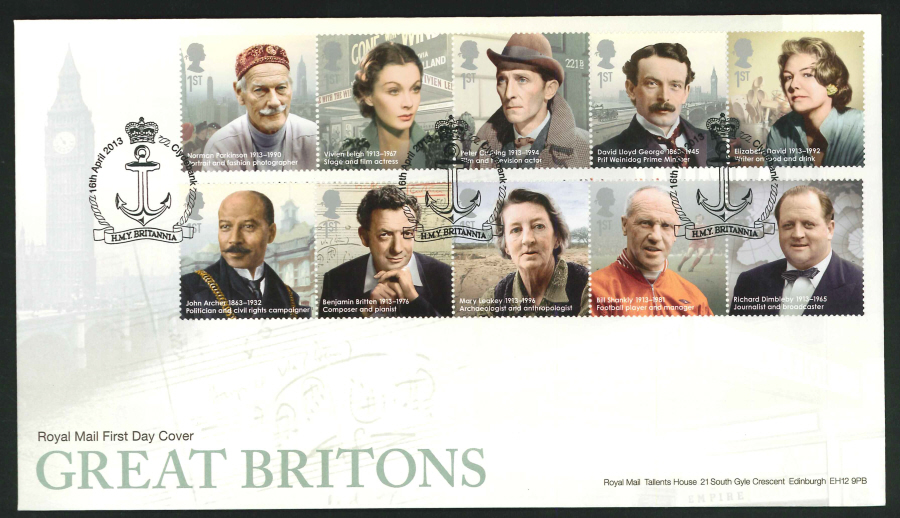 2013 - Great Britons Set First Day Cover, HMY Britannia / Clydebank Postmark