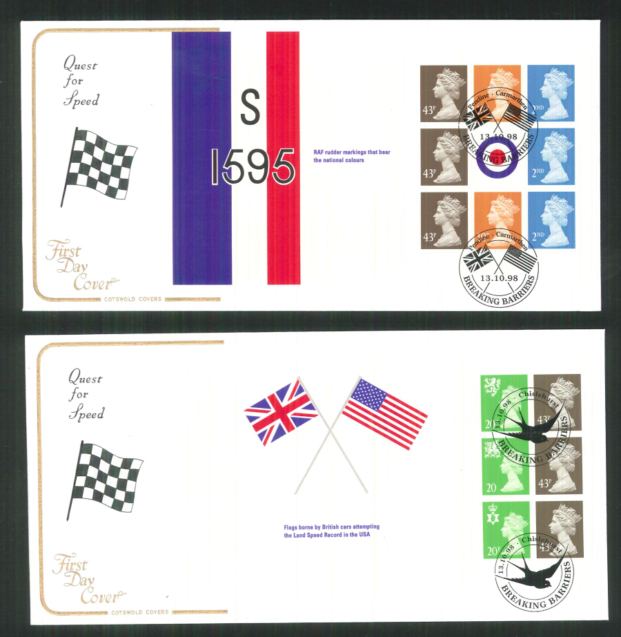 1998 - Cotswold Speed - Breaking Barriers - Prestige Stamp Book Set of 4 Covers - Various Postmarks - Click Image to Close