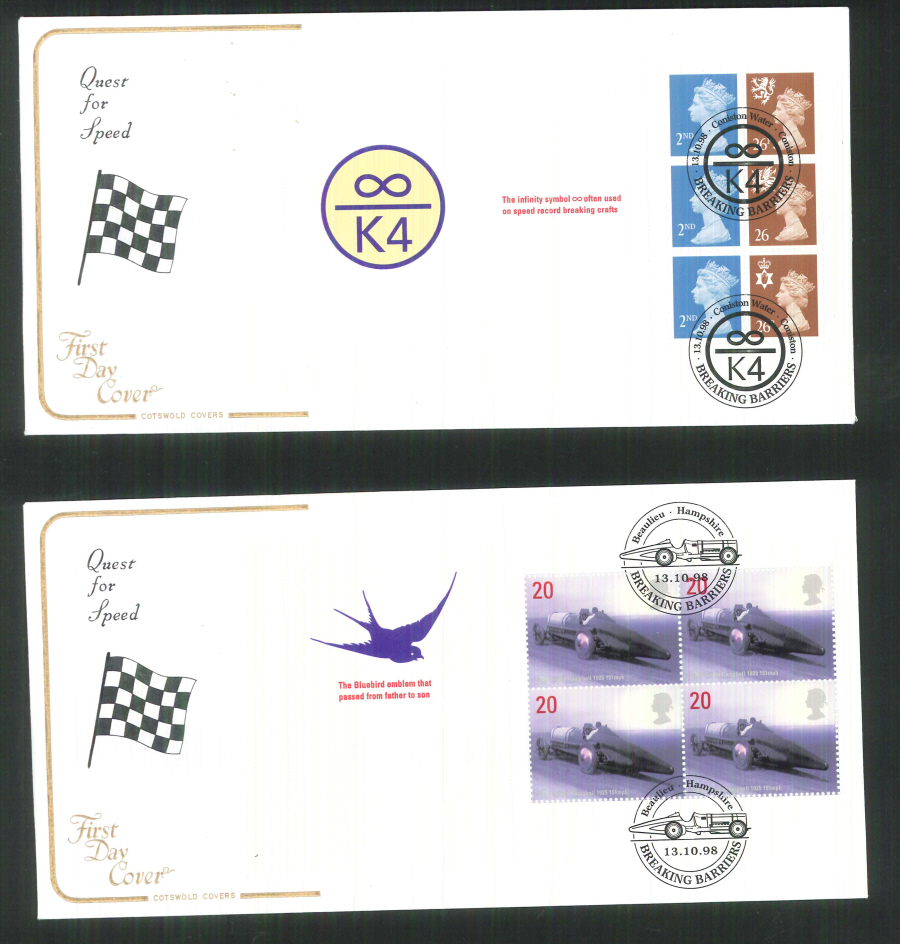 1998 - Cotswold Speed - Breaking Barriers - Prestige Stamp Book Set of 4 Covers - Various Postmarks