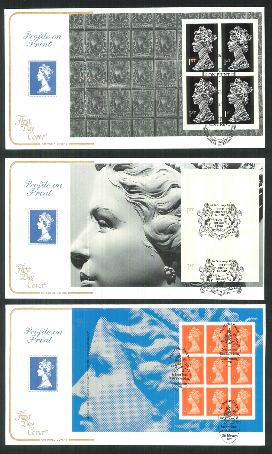 1999 - Cotswold Profile on Print - Prestige Stamp Book Set of 5 Covers - Various Postmarks - Click Image to Close