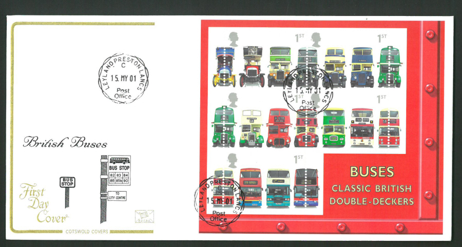 2001 - Cotswold British Buses Mini Sheet - FDC - Leyland,Preston C D S Postmark