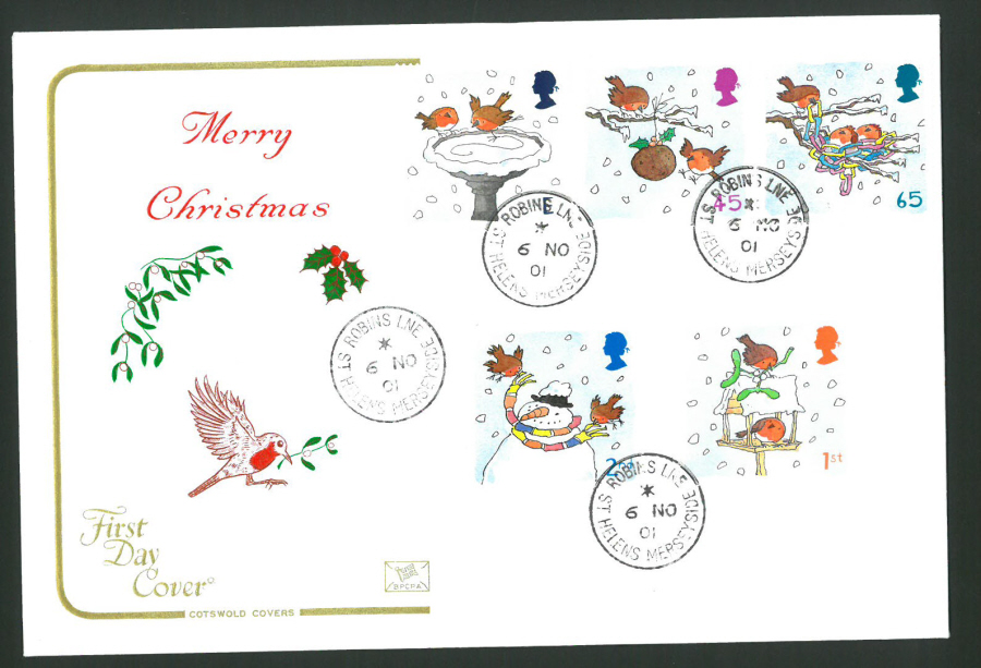 2001 - Cotswold Christmas - FDC - Robins Lane C D S Postmark - Click Image to Close