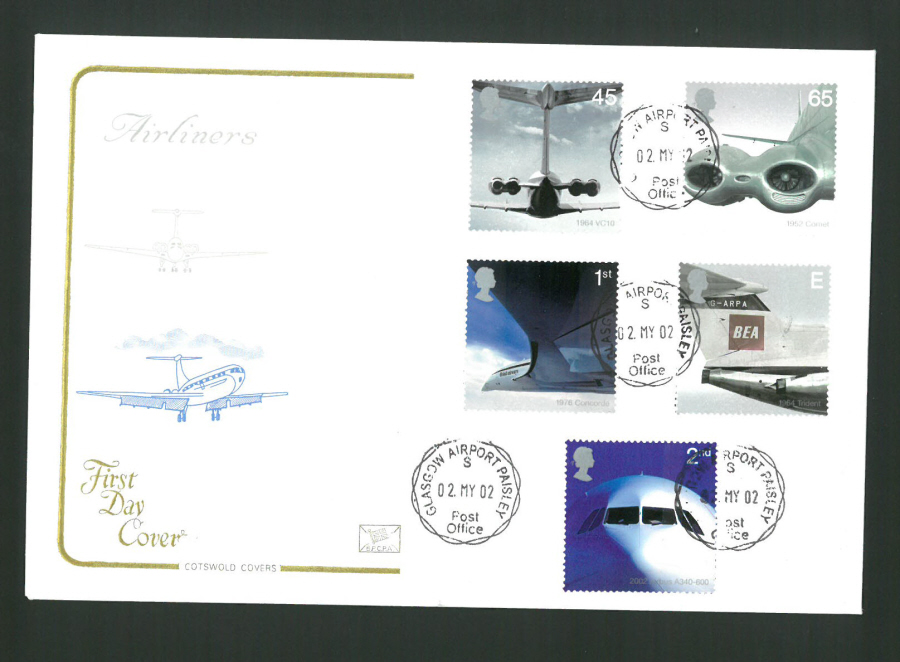 2002 - Cotswold Airliners Set - FDC -Glasgow Airport C D S Postmark - Click Image to Close