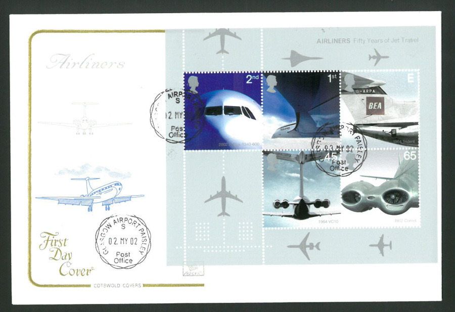 2002 - Cotswold Airliners Mini Sheet - FDC -Glasgow Airport C D S Postmark - Click Image to Close