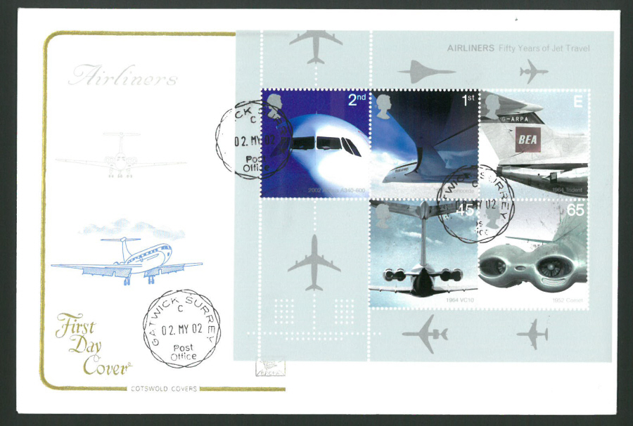 2002 - Cotswold Airliners Mini Sheet - FDC -Gatwick Airport C D S Postmark