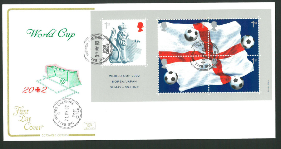 2002 - Cotswold World Cup Mini Sheet - FDC - The Ball Widnes C D S Postmark