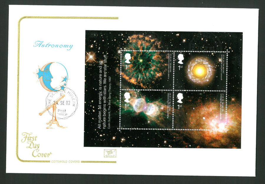 2002 - Cotswold Astronomy Mini Sheet - FDC -Science Museum C D S Postmark - Click Image to Close