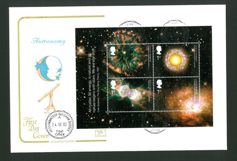 2002 - Cotswold Astronomy Mini Sheet - FDC -Herstmonceux C D S Postmark - Click Image to Close