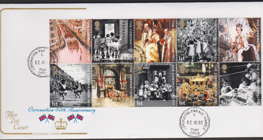 2003 - Cotswold Coronation Anniv - FDC - Coronation Parade C D S Postmark