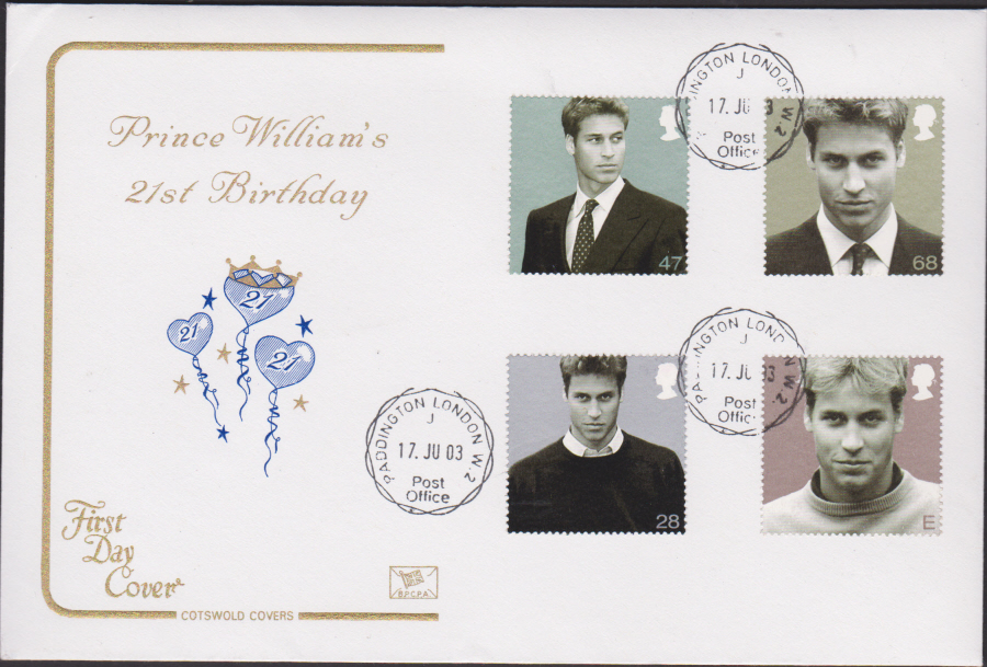 2003 - Cotswold Prince William Birthday - FDC -Paddington,London C D S Postmark