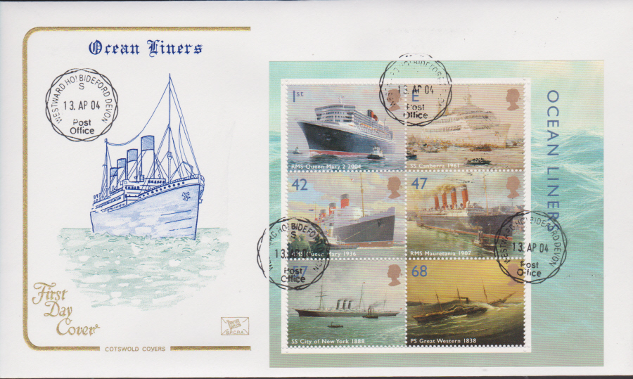2004 - Cotswold Ocean Liners Mini Sheet - FDC - Westward Ho! C D S Postmark - Click Image to Close