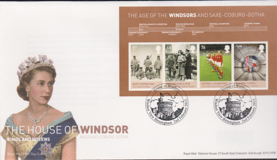 2012 - House of Windsor Mini Sheet First Day Cover, Windsor View Birmingham Postmark