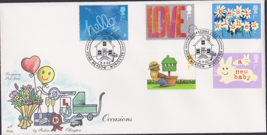 2002 -4d Post Occasions - FDC - Occasions Home Meadow,Worcester Postmark - Click Image to Close