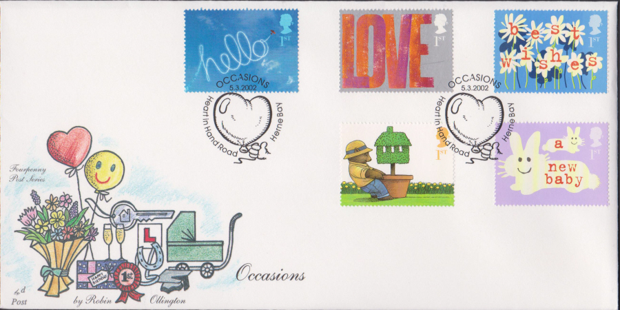 2002 -4d Post Occasions - FDC - Occasions Heart in Hand Road,Herme Bay Postmark - Click Image to Close