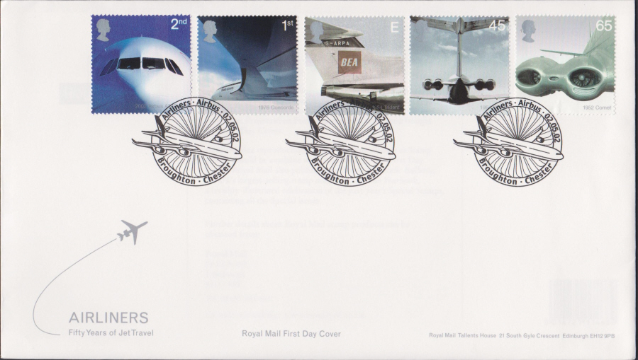 2002 -Royal Mail Post Airliners - FDC - Broughton Chester Postmark