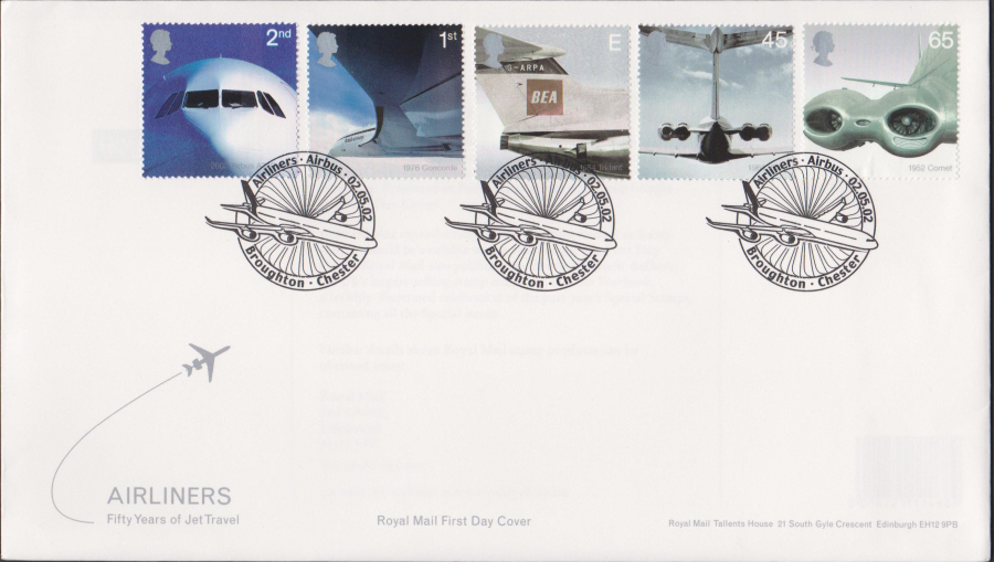 2002 -Royal Mail Post Airliners - FDC - Broughton Chester Postmark