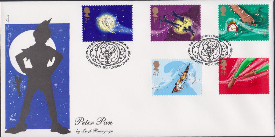 2002 -4d Post Peter Pan - FDC - The Boy Who Would Not Grow Up, Great Ormand St.London Postmark