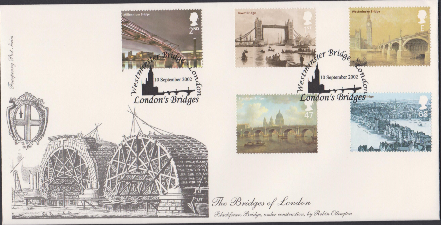 2002 -4d Post Bridges of London - FDC -Westminster Bridge London Postmark