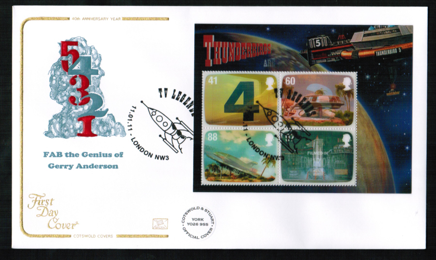 2011 - Thunderbirds Mini Sheet First Day Cover, TV Legends London NW3 Postmark - Click Image to Close