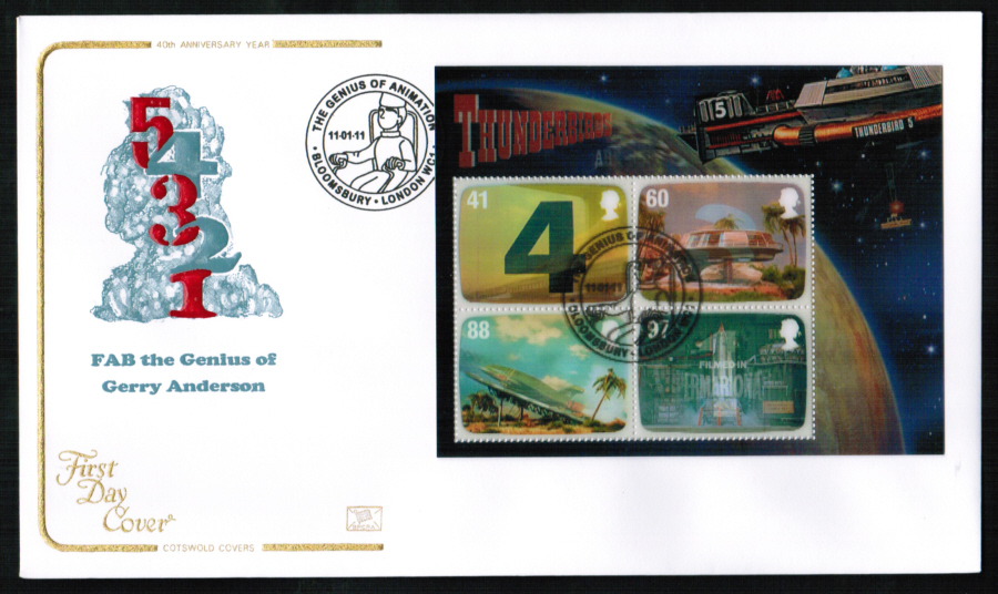 2011 - Thunderbirds Mini Sheet First Day Cover, The Genius of Animation, Bloomsbury London Postmark