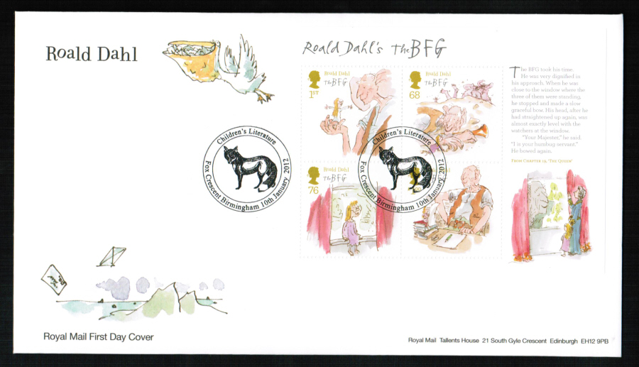 2012 - Roald Dahl Mini Sheet First Day Cover, Children's Literature /Fox Crescent Postmark