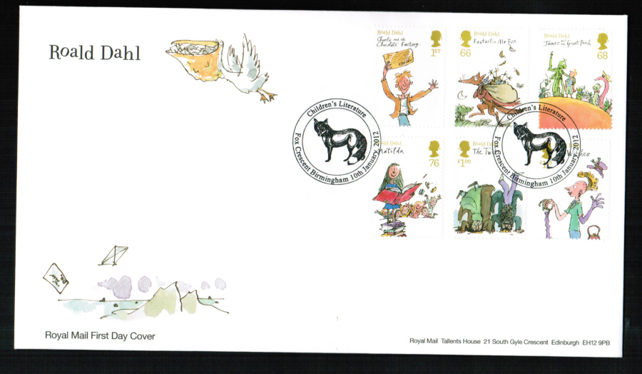 2012 - Roald Dahl Set First Day Cover, Children's Literature /Fox Crescent Postmark