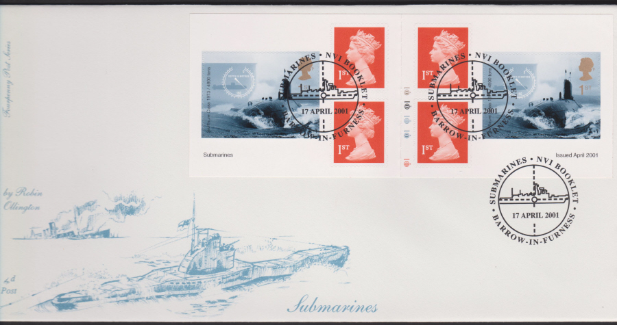 2001 - FDC 4d Post Submarines Retail Book -Barrow in Furness Postmark