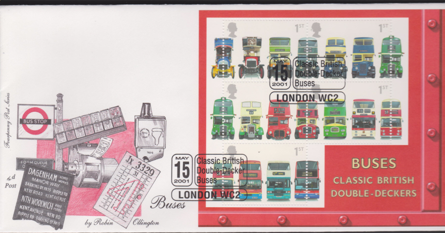 2001 - FDC 4d Post Buses Mini Sheet -London W C 2 Postmark