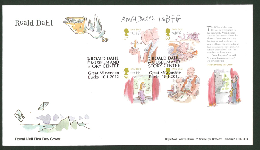 2012 - Roald Dahl Mini Sheet First Day Cover, Great Missenden Postmark