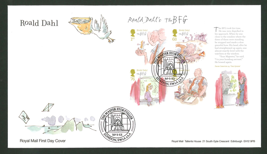 2012 - Roald Dahl Mini Sheet First Day Cover, The Master Storyteller London SW1 Postmark