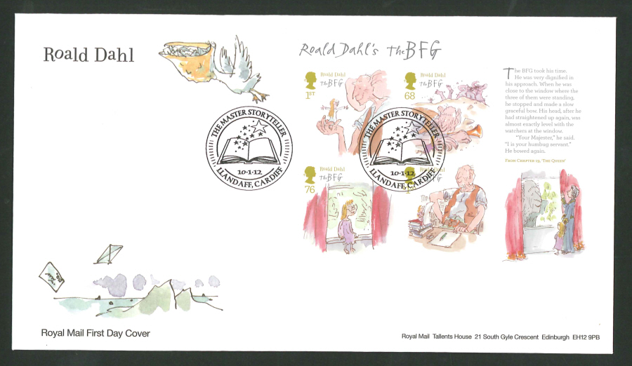 2012 - Roald Dahl Mini Sheet First Day Cover, The Master Storyteller / Llandaff Cardiff Postmark