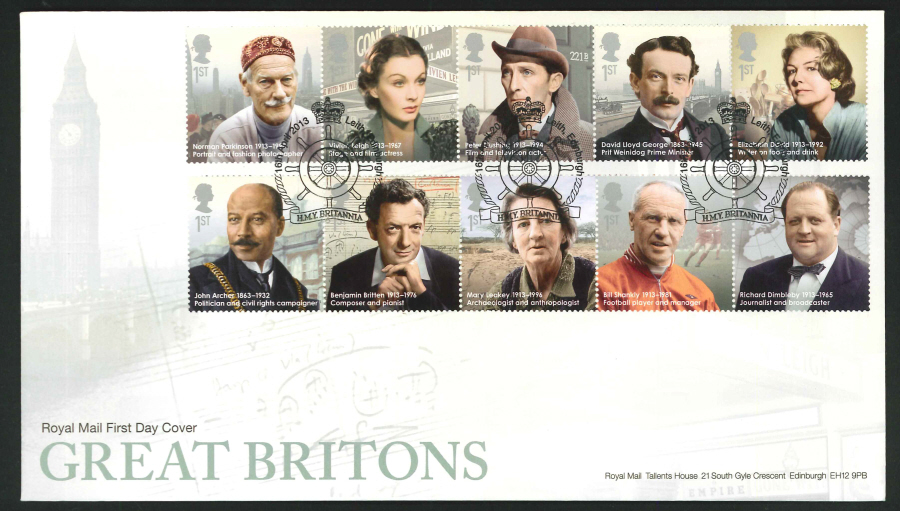 2013 - Great Britons Set First Day Cover, HMY Britannia / Leith Postmark